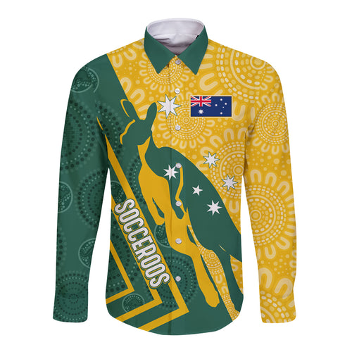 personalised-australia-socceroos-indigenous-long-sleeve-button-shirt-green-gold