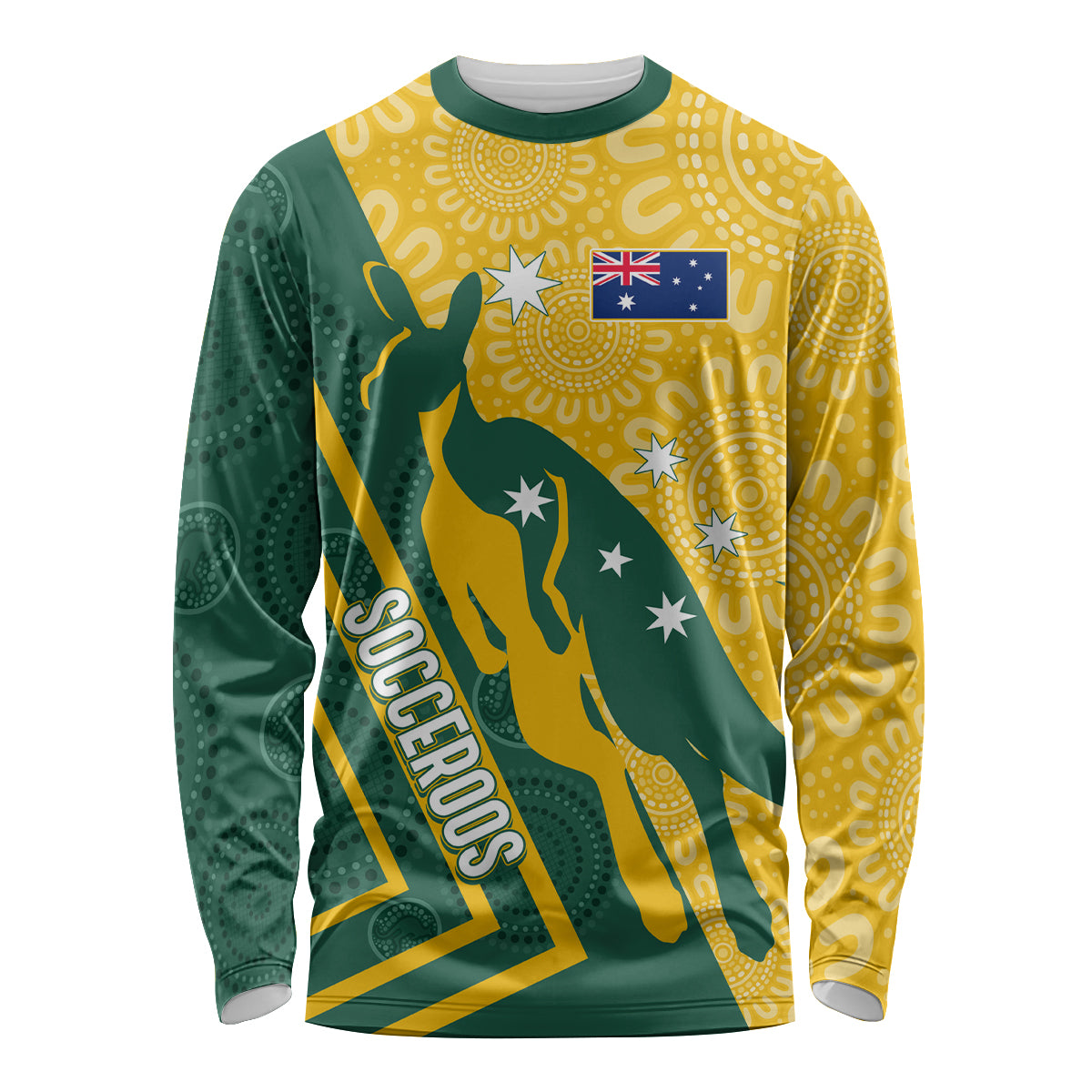 personalised-australia-socceroos-indigenous-long-sleeve-shirt-green-gold
