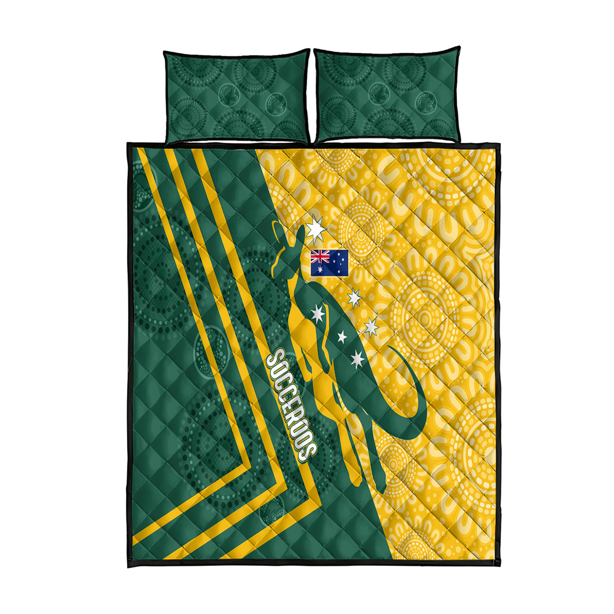 personalised-australia-socceroos-indigenous-quilt-bed-set-green-gold