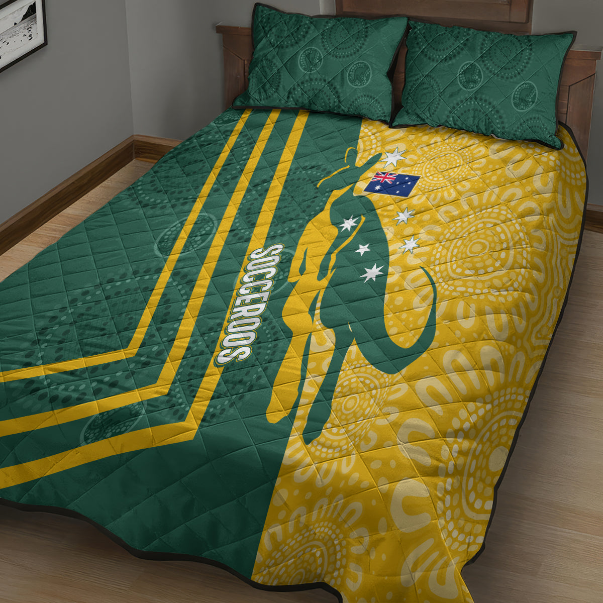 personalised-australia-socceroos-indigenous-quilt-bed-set-green-gold