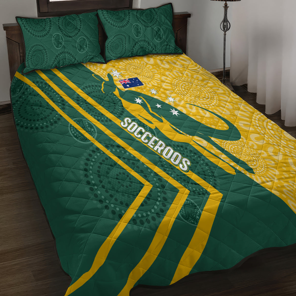 personalised-australia-socceroos-indigenous-quilt-bed-set-green-gold