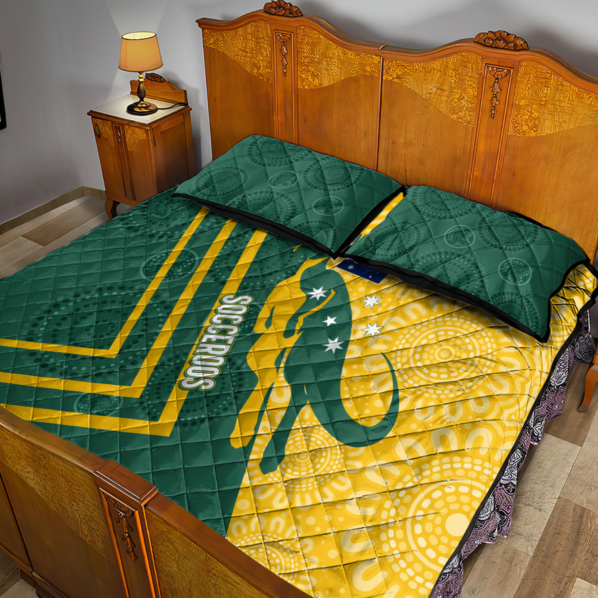 personalised-australia-socceroos-indigenous-quilt-bed-set-green-gold