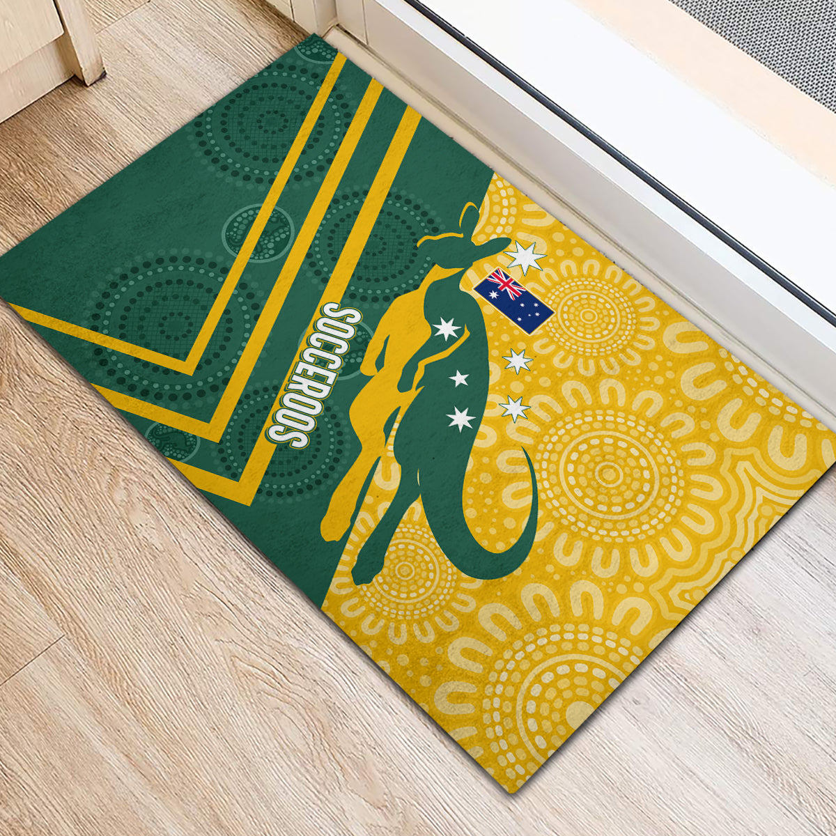 personalised-australia-socceroos-indigenous-rubber-doormat-green-gold