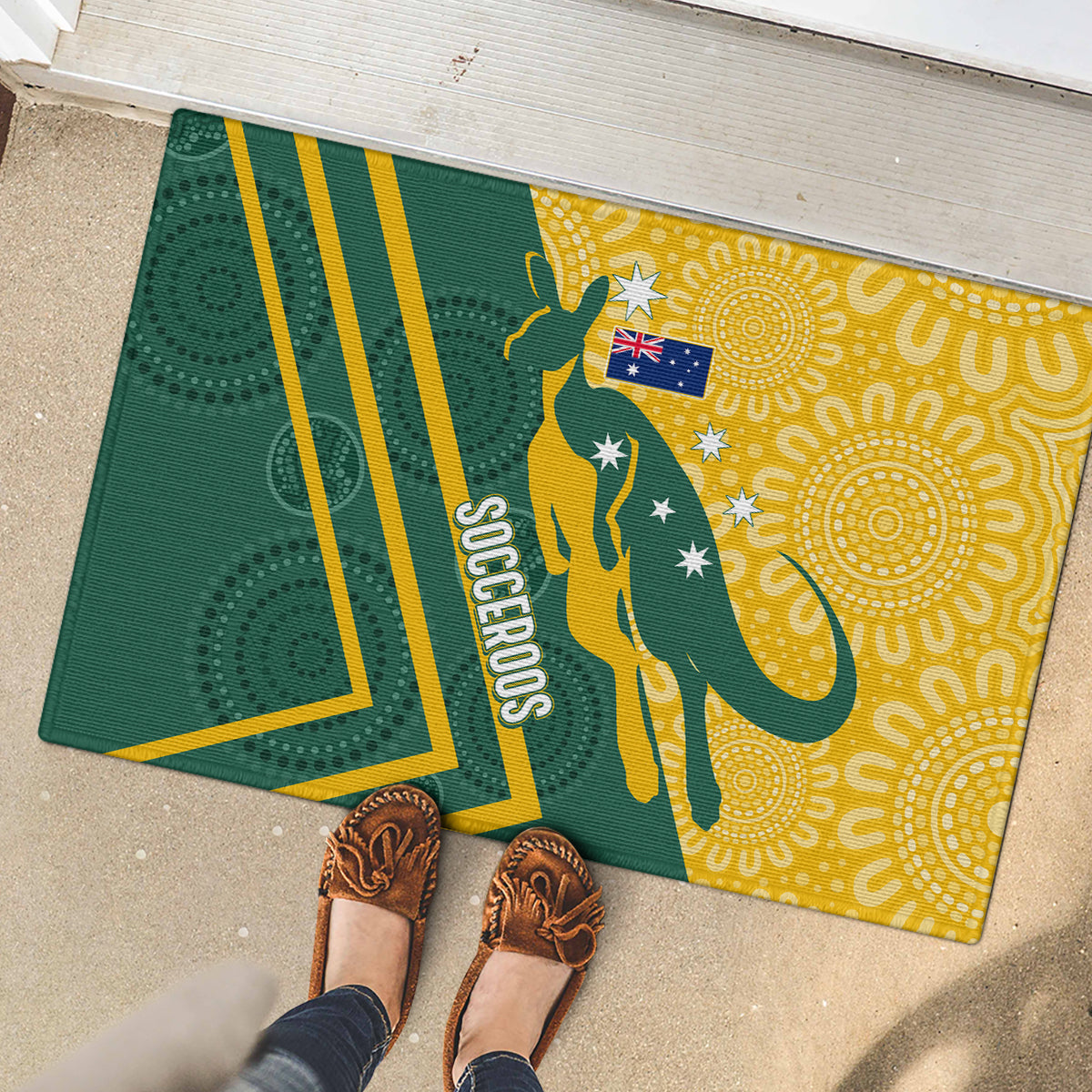 personalised-australia-socceroos-indigenous-rubber-doormat-green-gold