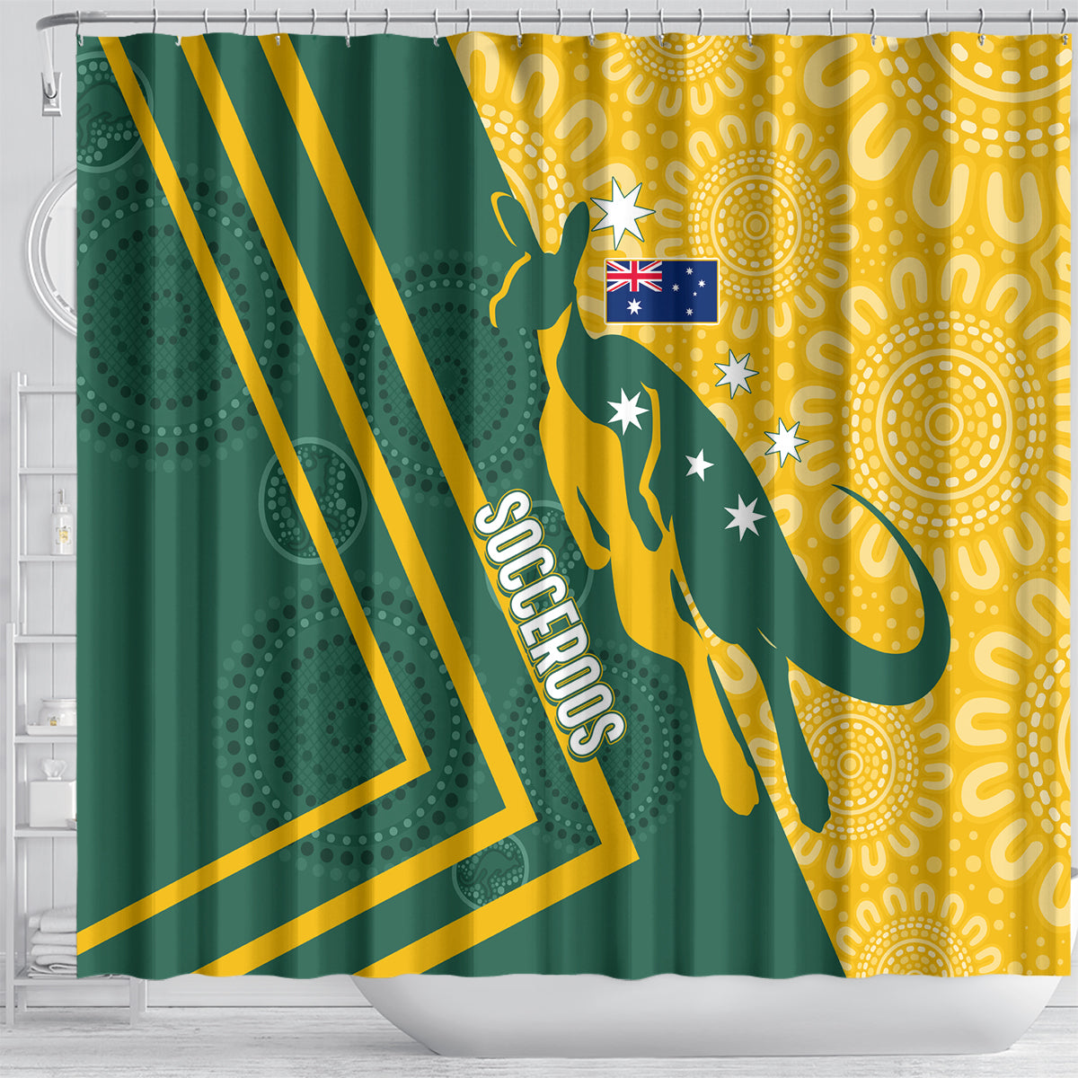 personalised-australia-socceroos-indigenous-shower-curtain-green-gold