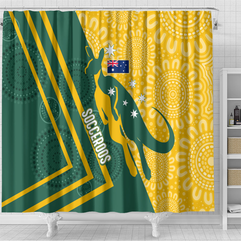 personalised-australia-socceroos-indigenous-shower-curtain-green-gold