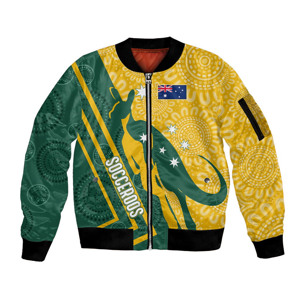 personalised-australia-socceroos-indigenous-sleeve-zip-bomber-jacket-green-gold