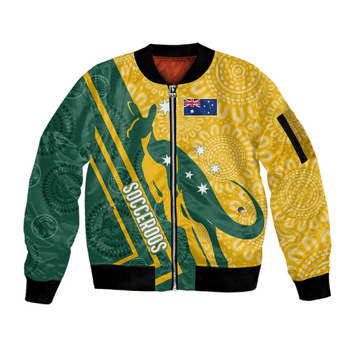personalised-australia-socceroos-indigenous-sleeve-zip-bomber-jacket-green-gold
