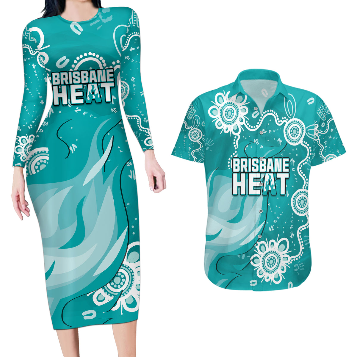 custom-brisbane-cricket-indigenous-couples-matching-long-sleeve-bodycon-dress-and-hawaiian-shirt-feel-the-heat