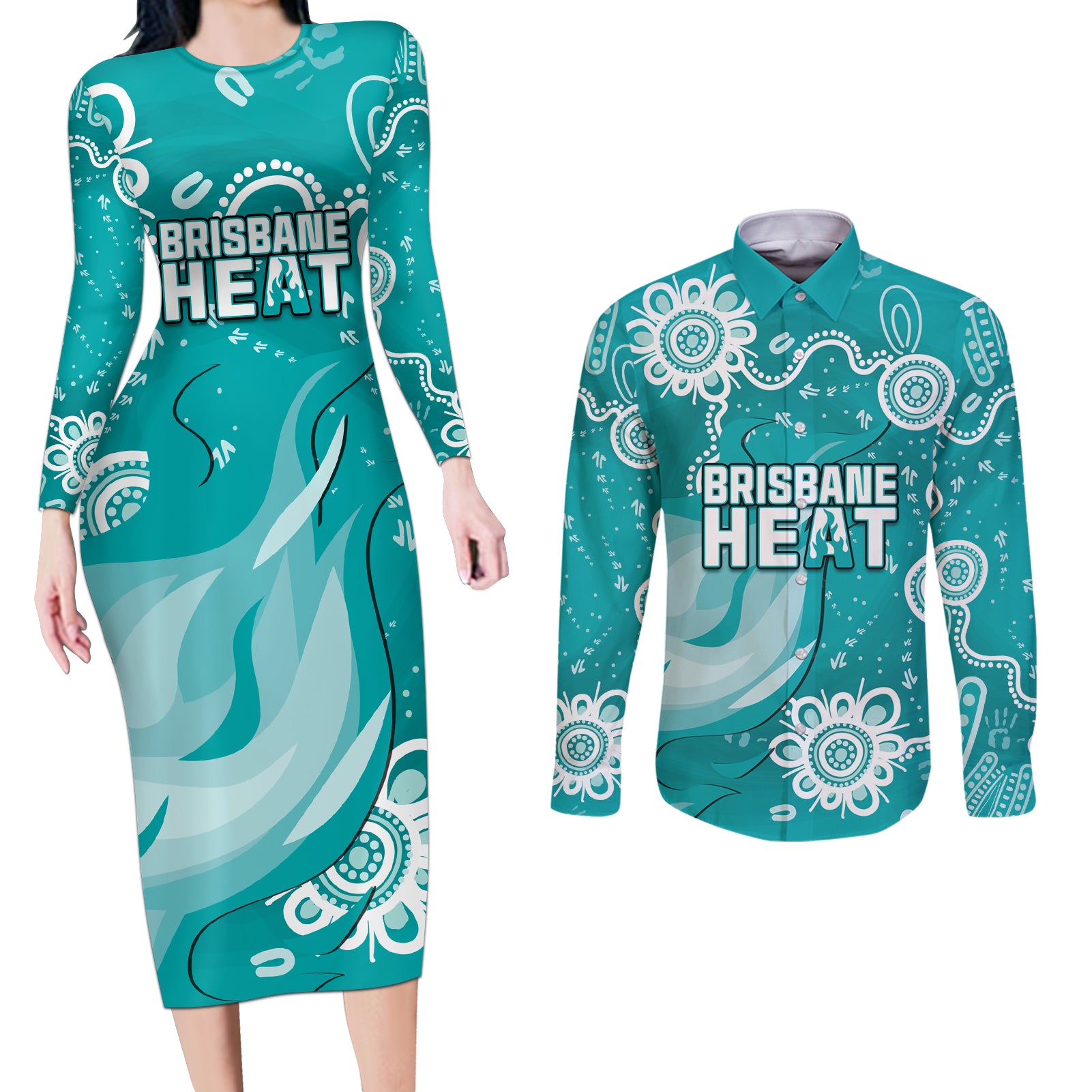 custom-brisbane-cricket-indigenous-couples-matching-long-sleeve-bodycon-dress-and-long-sleeve-button-shirt-feel-the-heat
