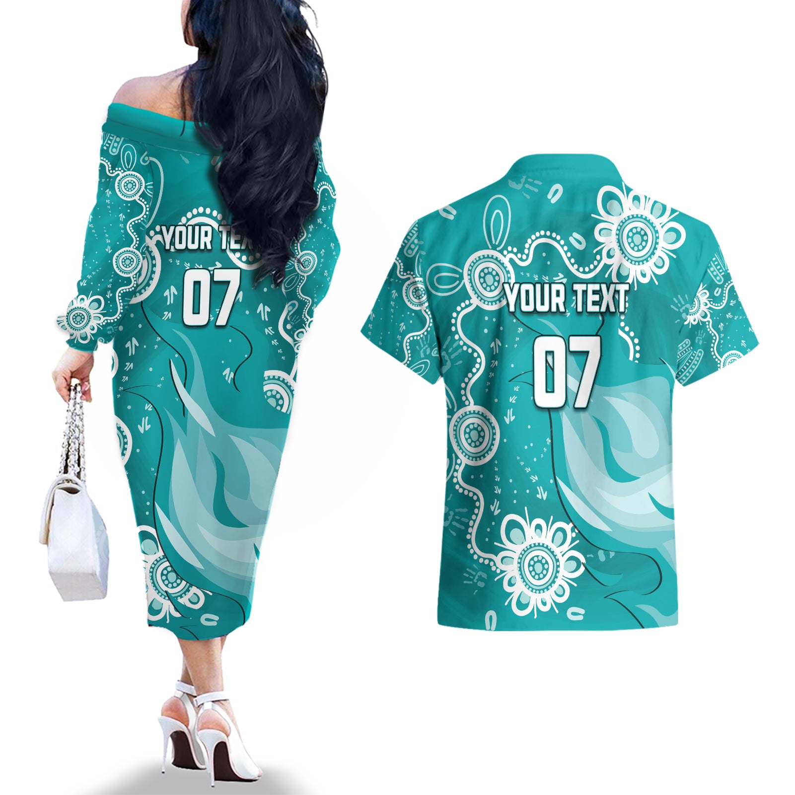 custom-brisbane-cricket-indigenous-couples-matching-off-the-shoulder-long-sleeve-dress-and-hawaiian-shirt-feel-the-heat