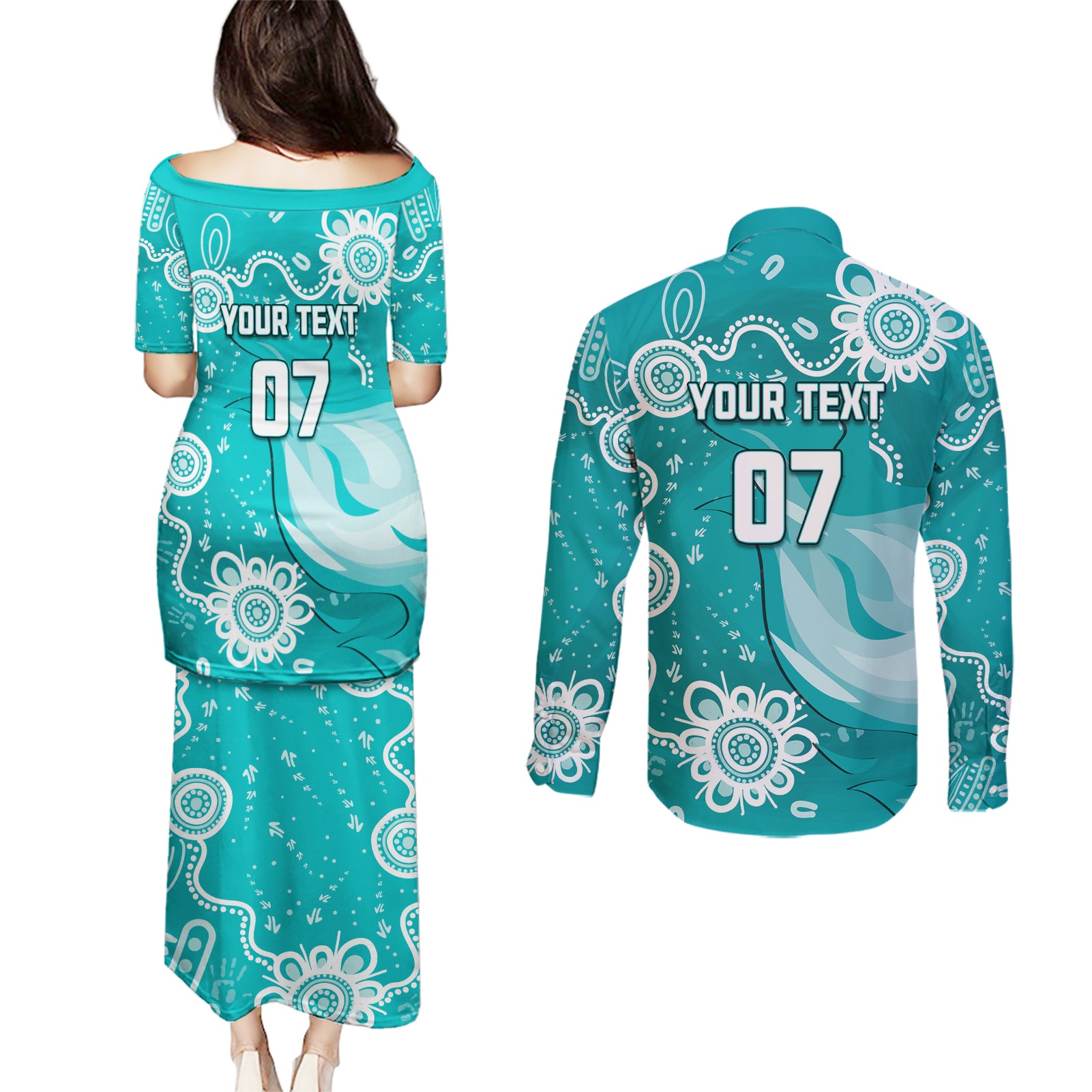 custom-brisbane-cricket-indigenous-couples-matching-puletasi-dress-and-long-sleeve-button-shirt-feel-the-heat