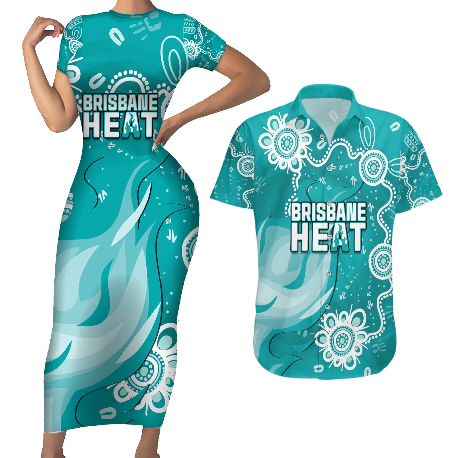 custom-brisbane-cricket-indigenous-couples-matching-short-sleeve-bodycon-dress-and-hawaiian-shirt-feel-the-heat