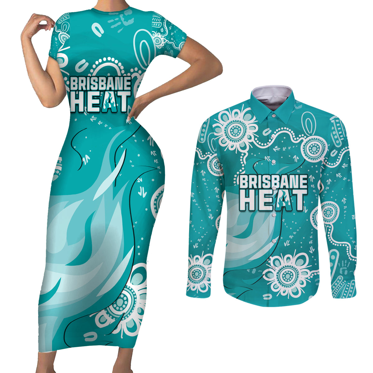 custom-brisbane-cricket-indigenous-couples-matching-short-sleeve-bodycon-dress-and-long-sleeve-button-shirt-feel-the-heat