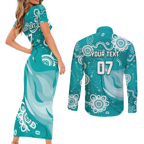custom-brisbane-cricket-indigenous-couples-matching-short-sleeve-bodycon-dress-and-long-sleeve-button-shirt-feel-the-heat