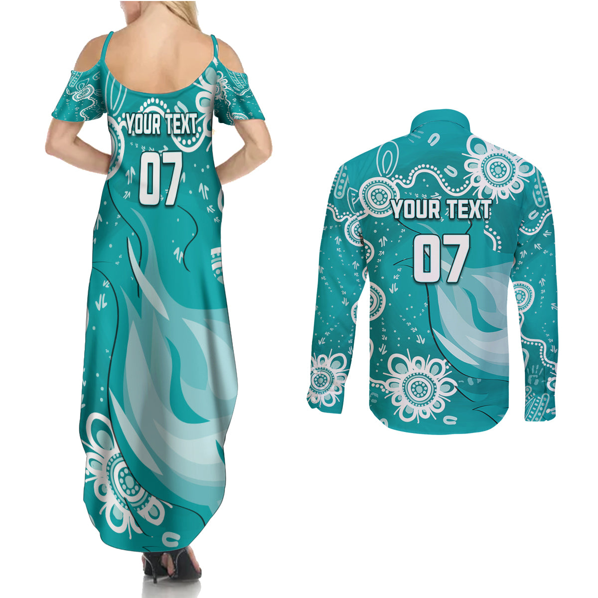 custom-brisbane-cricket-indigenous-couples-matching-summer-maxi-dress-and-long-sleeve-button-shirt-feel-the-heat