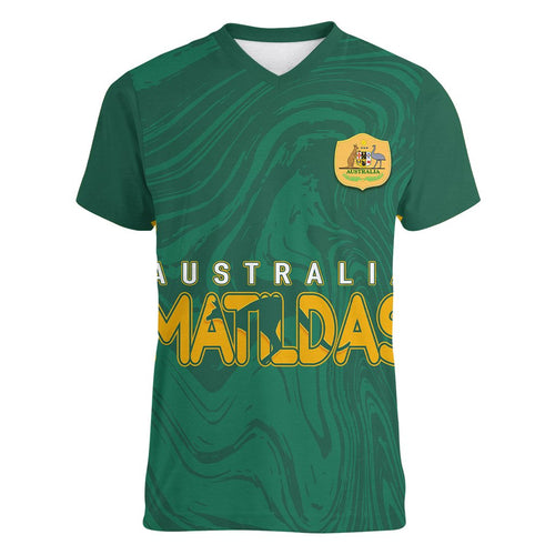 personalised-aussie-matildas-women-v-neck-t-shirt-2023-women-world-cup-marble-patterns-green