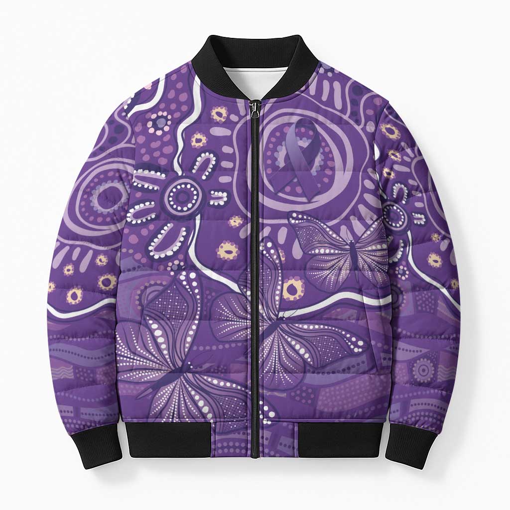 Australia Lupus Awareness Indigenous Bomber Puffer Jacket Purple Ribbon Aboriginal Butterflies