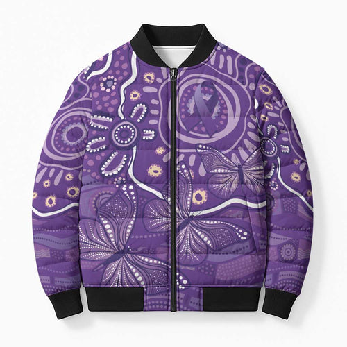 Australia Lupus Awareness Indigenous Bomber Puffer Jacket Purple Ribbon Aboriginal Butterflies