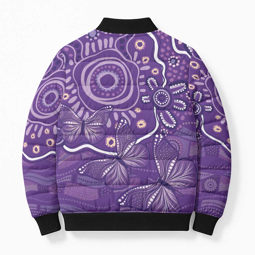 Australia Lupus Awareness Indigenous Bomber Puffer Jacket Purple Ribbon Aboriginal Butterflies