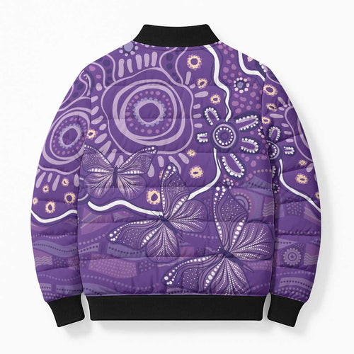 Australia Lupus Awareness Indigenous Bomber Puffer Jacket Purple Ribbon Aboriginal Butterflies