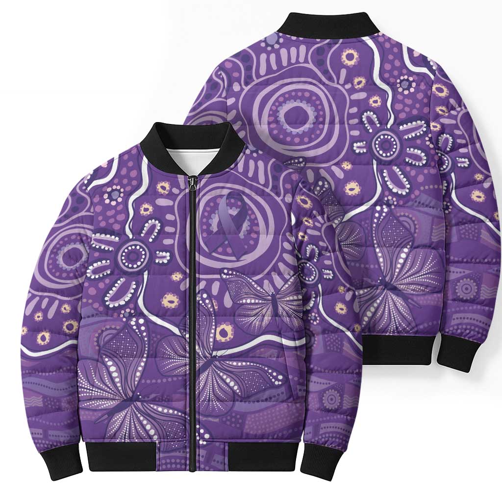 Australia Lupus Awareness Indigenous Bomber Puffer Jacket Purple Ribbon Aboriginal Butterflies