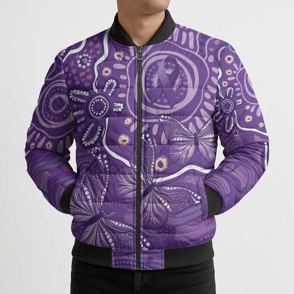 Australia Lupus Awareness Indigenous Bomber Puffer Jacket Purple Ribbon Aboriginal Butterflies