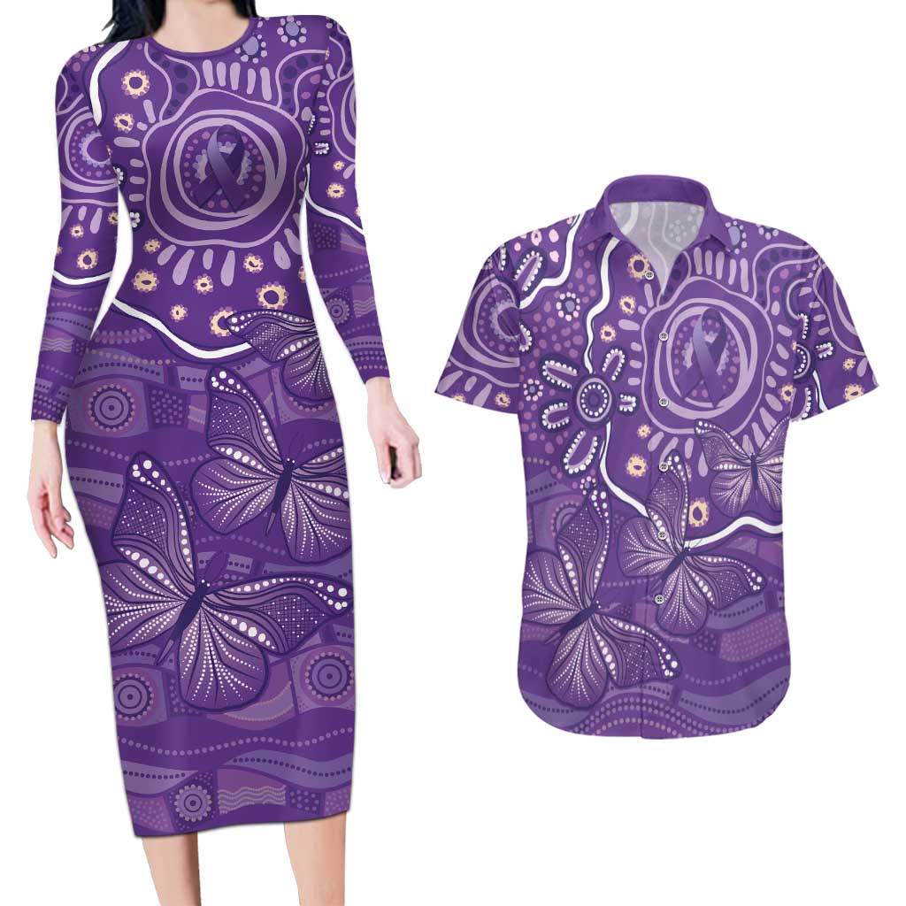 Australia Lupus Awareness Indigenous Couples Matching Long Sleeve Bodycon Dress and Hawaiian Shirt Purple Ribbon Aboriginal Butterflies