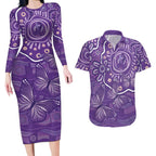 Australia Lupus Awareness Indigenous Couples Matching Long Sleeve Bodycon Dress and Hawaiian Shirt Purple Ribbon Aboriginal Butterflies