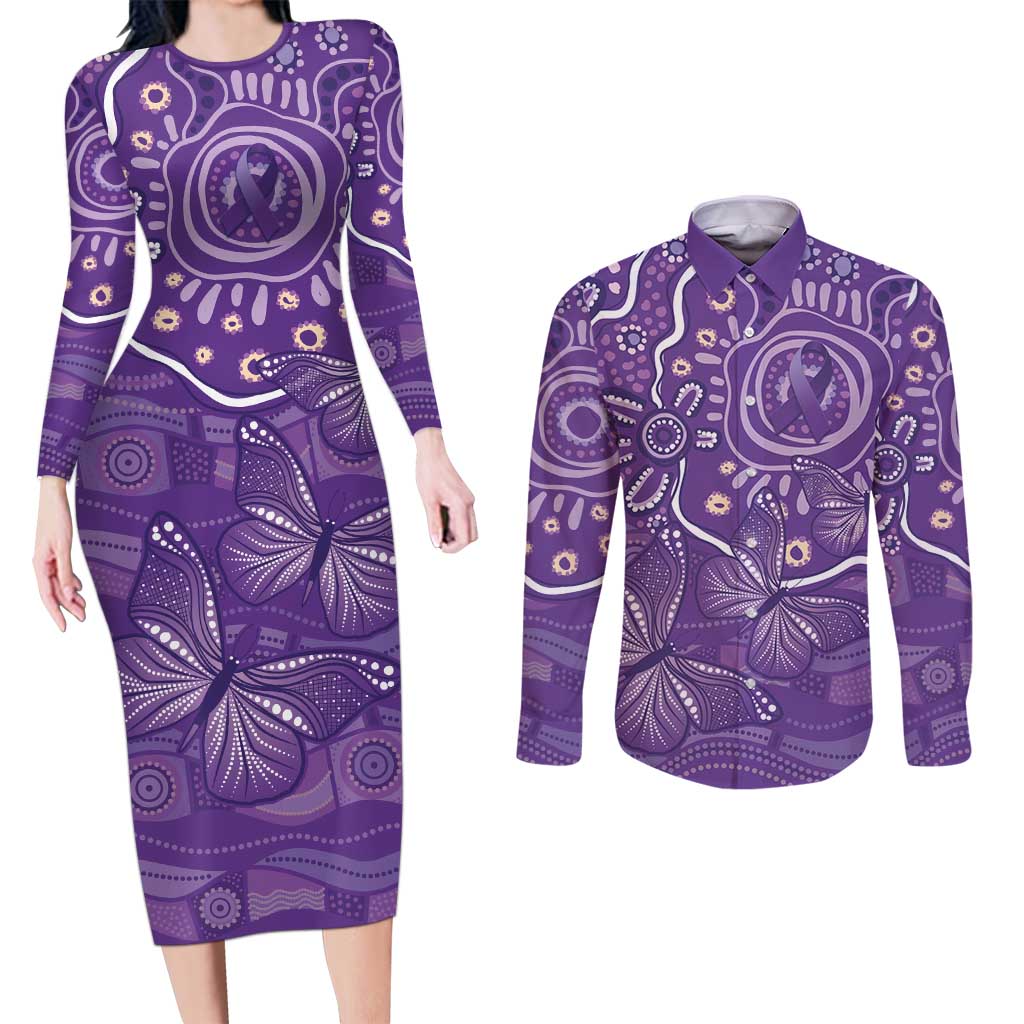 Australia Lupus Awareness Indigenous Couples Matching Long Sleeve Bodycon Dress and Long Sleeve Button Shirt Purple Ribbon Aboriginal Butterflies