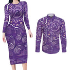 Australia Lupus Awareness Indigenous Couples Matching Long Sleeve Bodycon Dress and Long Sleeve Button Shirt Purple Ribbon Aboriginal Butterflies