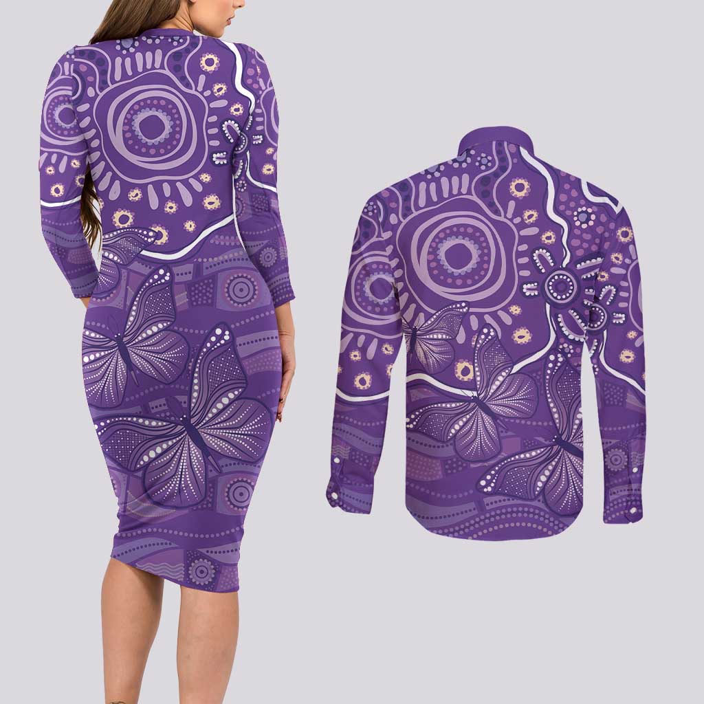 Australia Lupus Awareness Indigenous Couples Matching Long Sleeve Bodycon Dress and Long Sleeve Button Shirt Purple Ribbon Aboriginal Butterflies