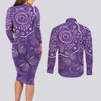 Australia Lupus Awareness Indigenous Couples Matching Long Sleeve Bodycon Dress and Long Sleeve Button Shirt Purple Ribbon Aboriginal Butterflies