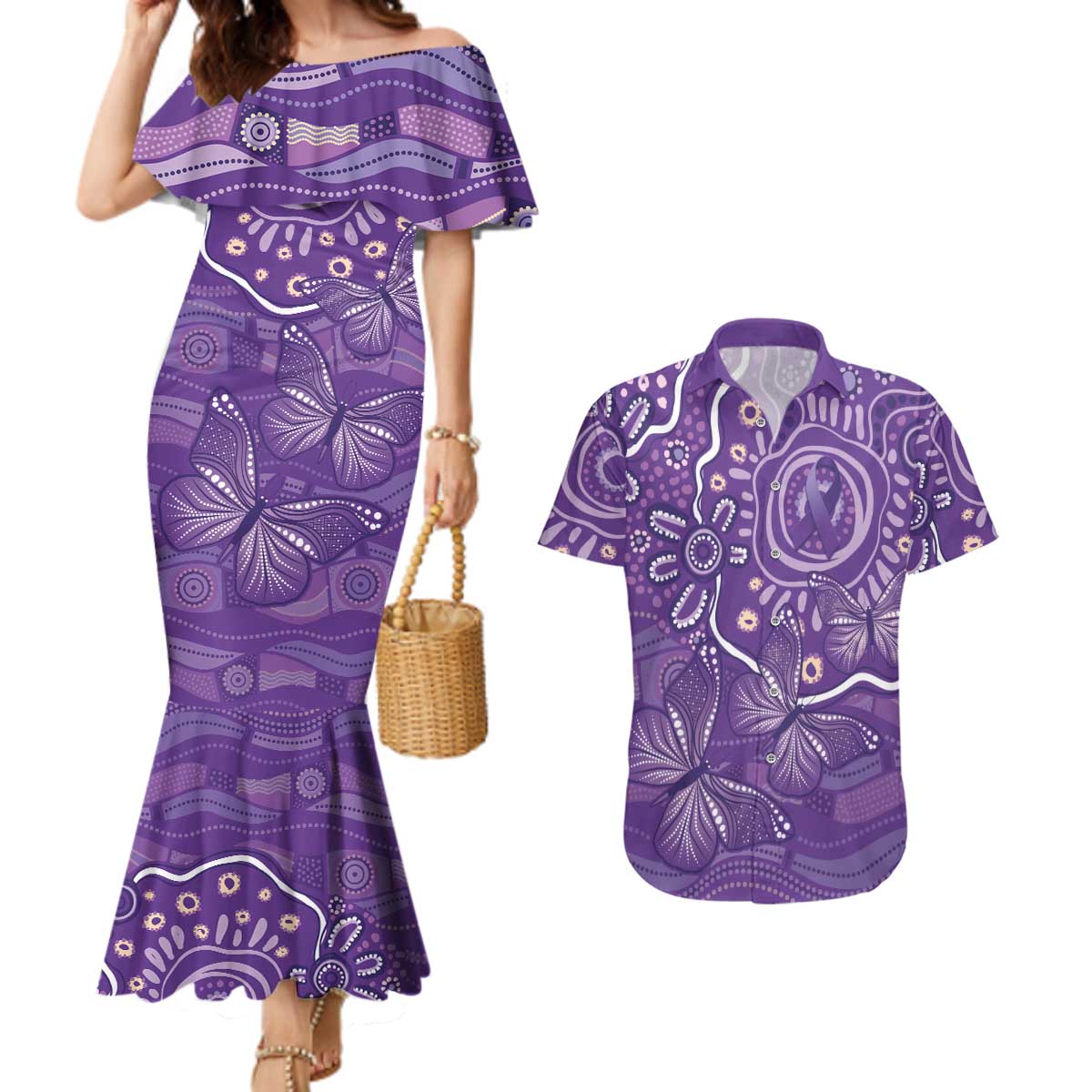 Australia Lupus Awareness Indigenous Couples Matching Mermaid Dress and Hawaiian Shirt Purple Ribbon Aboriginal Butterflies