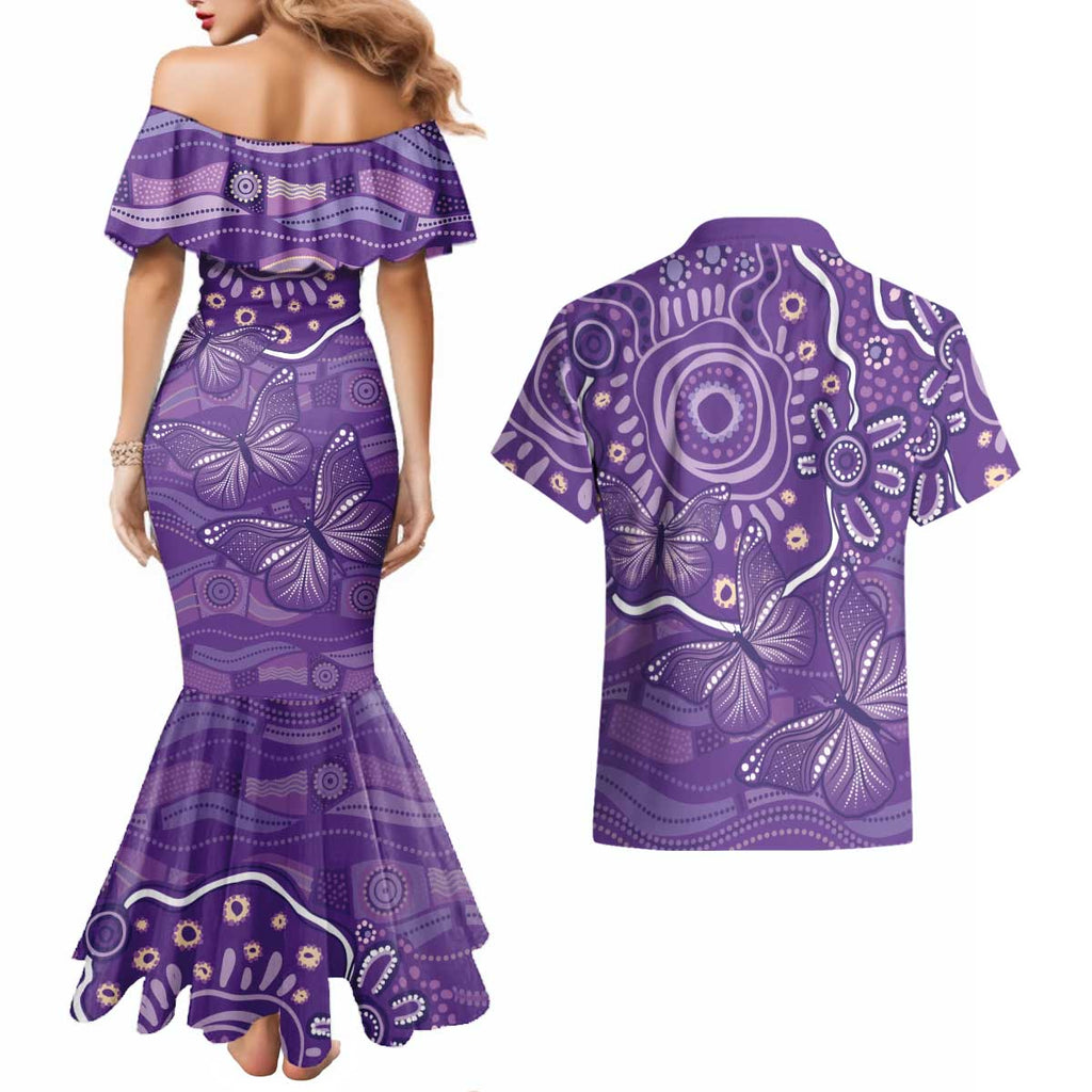 Australia Lupus Awareness Indigenous Couples Matching Mermaid Dress and Hawaiian Shirt Purple Ribbon Aboriginal Butterflies