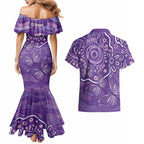 Australia Lupus Awareness Indigenous Couples Matching Mermaid Dress and Hawaiian Shirt Purple Ribbon Aboriginal Butterflies
