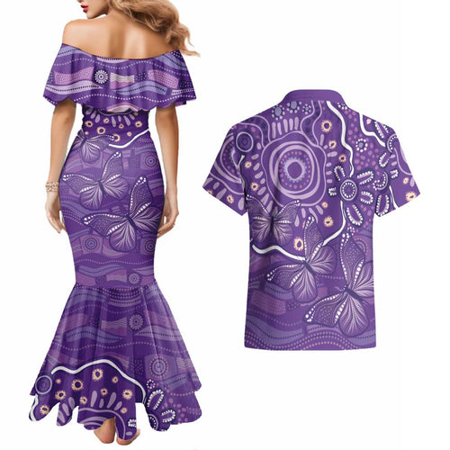 Australia Lupus Awareness Indigenous Couples Matching Mermaid Dress and Hawaiian Shirt Purple Ribbon Aboriginal Butterflies