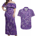 Australia Lupus Awareness Indigenous Couples Matching Off Shoulder Maxi Dress and Hawaiian Shirt Purple Ribbon Aboriginal Butterflies