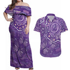 Australia Lupus Awareness Indigenous Couples Matching Off Shoulder Maxi Dress and Hawaiian Shirt Purple Ribbon Aboriginal Butterflies