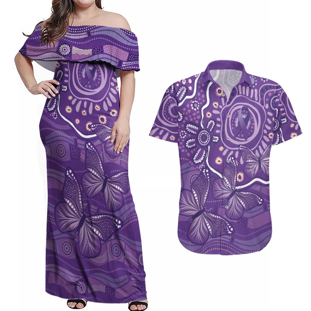 Australia Lupus Awareness Indigenous Couples Matching Off Shoulder Maxi Dress and Hawaiian Shirt Purple Ribbon Aboriginal Butterflies