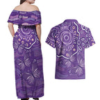 Australia Lupus Awareness Indigenous Couples Matching Off Shoulder Maxi Dress and Hawaiian Shirt Purple Ribbon Aboriginal Butterflies