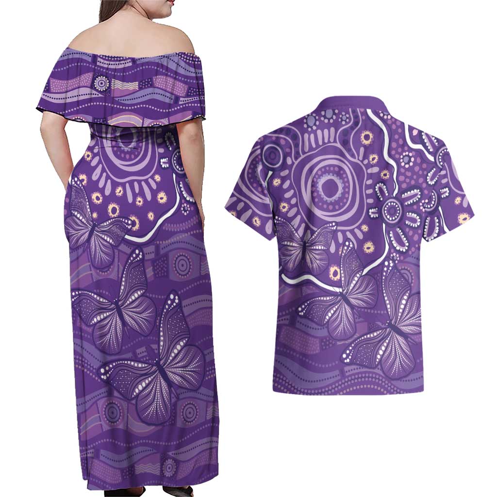Australia Lupus Awareness Indigenous Couples Matching Off Shoulder Maxi Dress and Hawaiian Shirt Purple Ribbon Aboriginal Butterflies