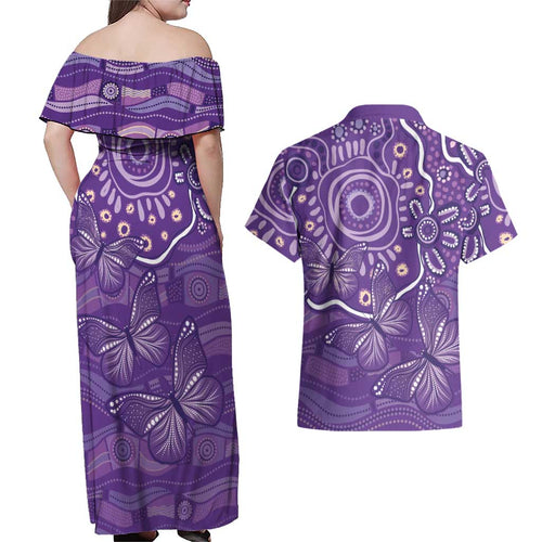 Australia Lupus Awareness Indigenous Couples Matching Off Shoulder Maxi Dress and Hawaiian Shirt Purple Ribbon Aboriginal Butterflies