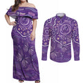 Australia Lupus Awareness Indigenous Couples Matching Off Shoulder Maxi Dress and Long Sleeve Button Shirt Purple Ribbon Aboriginal Butterflies