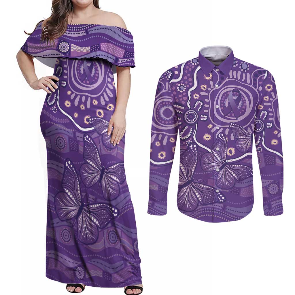 Australia Lupus Awareness Indigenous Couples Matching Off Shoulder Maxi Dress and Long Sleeve Button Shirt Purple Ribbon Aboriginal Butterflies