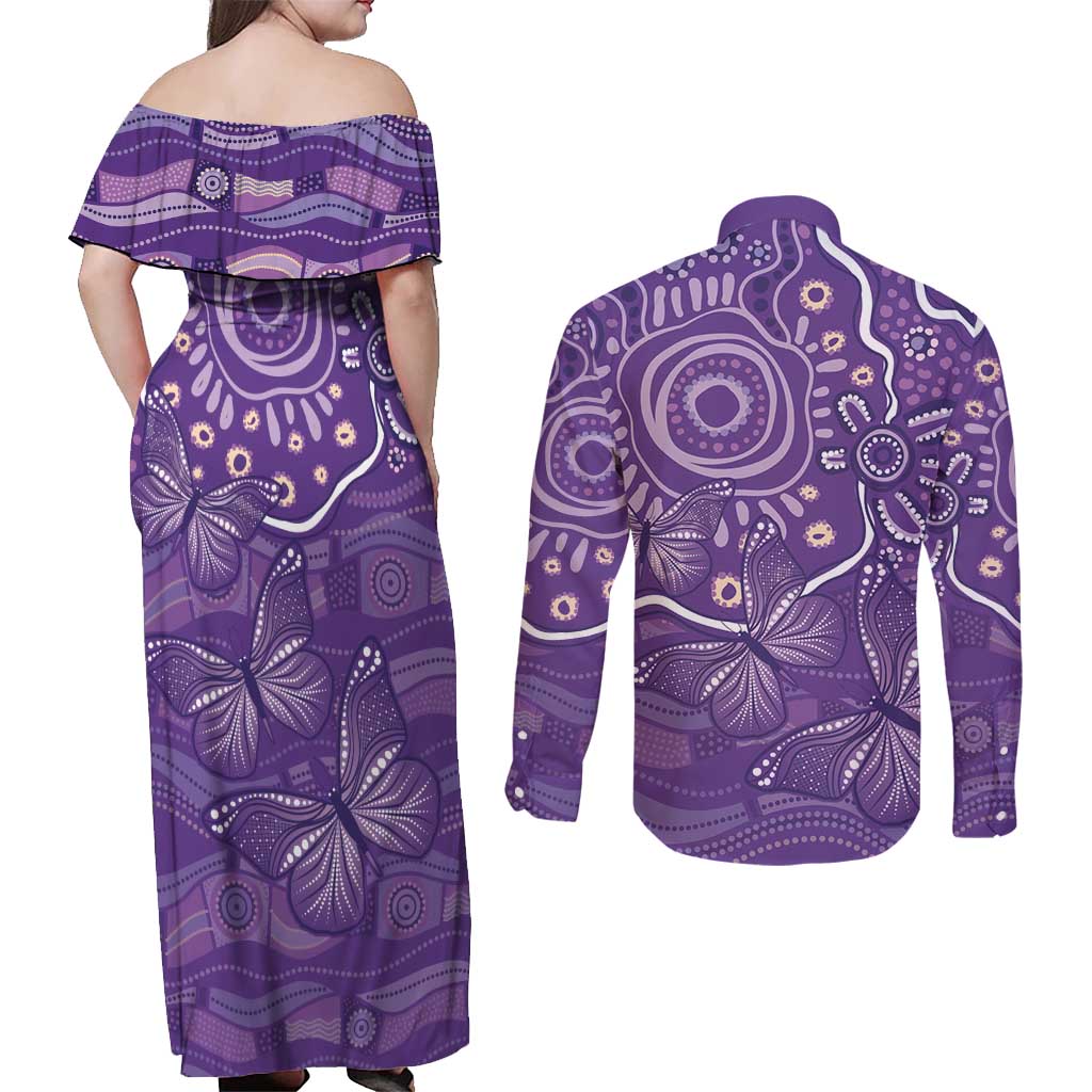 Australia Lupus Awareness Indigenous Couples Matching Off Shoulder Maxi Dress and Long Sleeve Button Shirt Purple Ribbon Aboriginal Butterflies