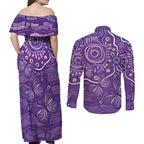 Australia Lupus Awareness Indigenous Couples Matching Off Shoulder Maxi Dress and Long Sleeve Button Shirt Purple Ribbon Aboriginal Butterflies