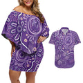 Australia Lupus Awareness Indigenous Couples Matching Off Shoulder Short Dress and Hawaiian Shirt Purple Ribbon Aboriginal Butterflies