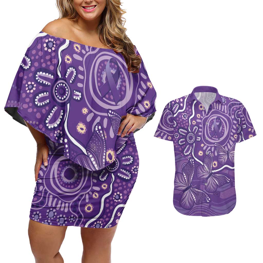Australia Lupus Awareness Indigenous Couples Matching Off Shoulder Short Dress and Hawaiian Shirt Purple Ribbon Aboriginal Butterflies
