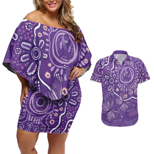 Australia Lupus Awareness Indigenous Couples Matching Off Shoulder Short Dress and Hawaiian Shirt Purple Ribbon Aboriginal Butterflies
